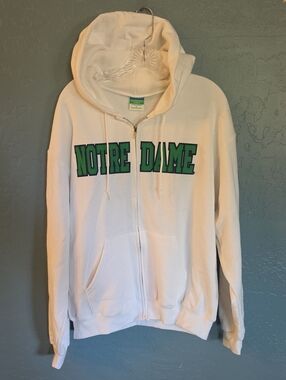 Champion Full Zip Notre Dame White Zip-Up Hoodie with Green Lettering
